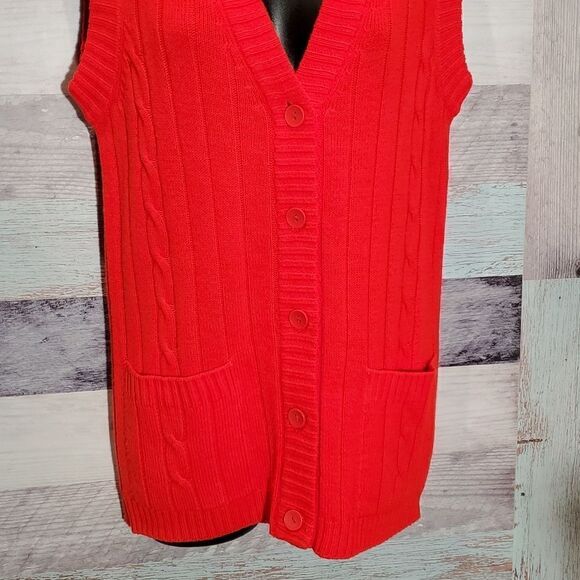 LeRoy Knitwear Vintage Tomato Red Sleeveless Cable Knit Cardigan Granny 623 - Picture 4 of 7